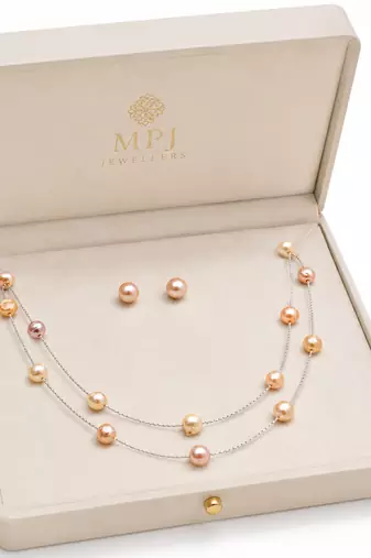 jewellers freshwater pearl necklace and earring set, multi-colour, double strand chain, stud earrings