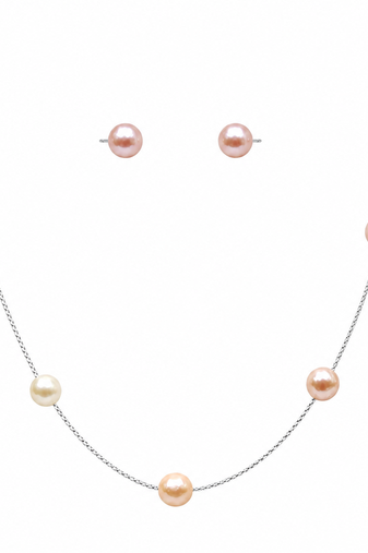 New jewels multicolour pearl station necklace and stud earrings set, silver chain, women's jewellery