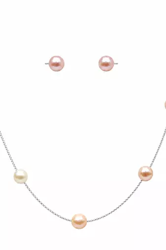 New jewels multicolour pearl station necklace and stud earrings set, silver chain, women's jewellery