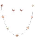 New jewels multicolour pearl station necklace and stud earrings set, silver chain, women's jewellery