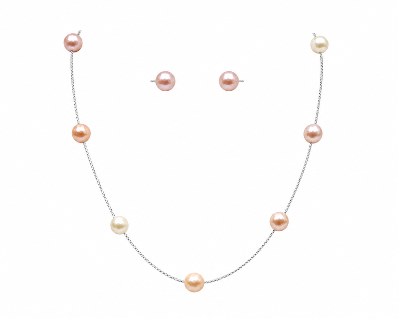 New jewels multicolour pearl station necklace and stud earrings set, silver chain, women's jewellery