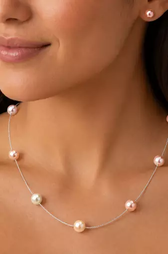 New jewels multicolour pearl station necklace and stud earrings set, silver chain, women's jewellery