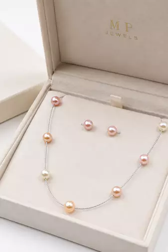 New jewels multicolour pearl station necklace and stud earrings set, silver chain, women's jewellery