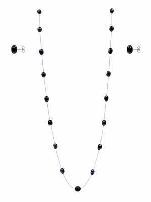 Black pearl station long necklace and stud earrings set, silver chain, women's jewellery 1
