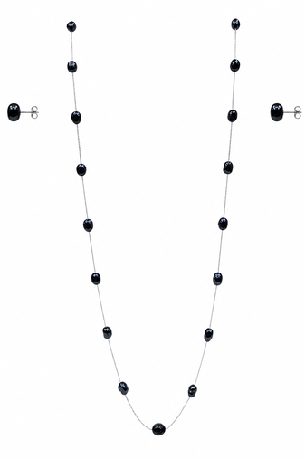 Black pearl station long necklace and stud earrings set, silver chain, women's jewellery