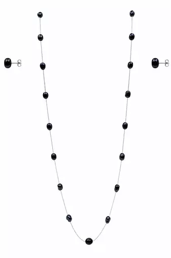 Black pearl station long necklace and stud earrings set, silver chain, women's jewellery