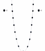 Black pearl station long necklace and stud earrings set, silver chain, women's jewellery