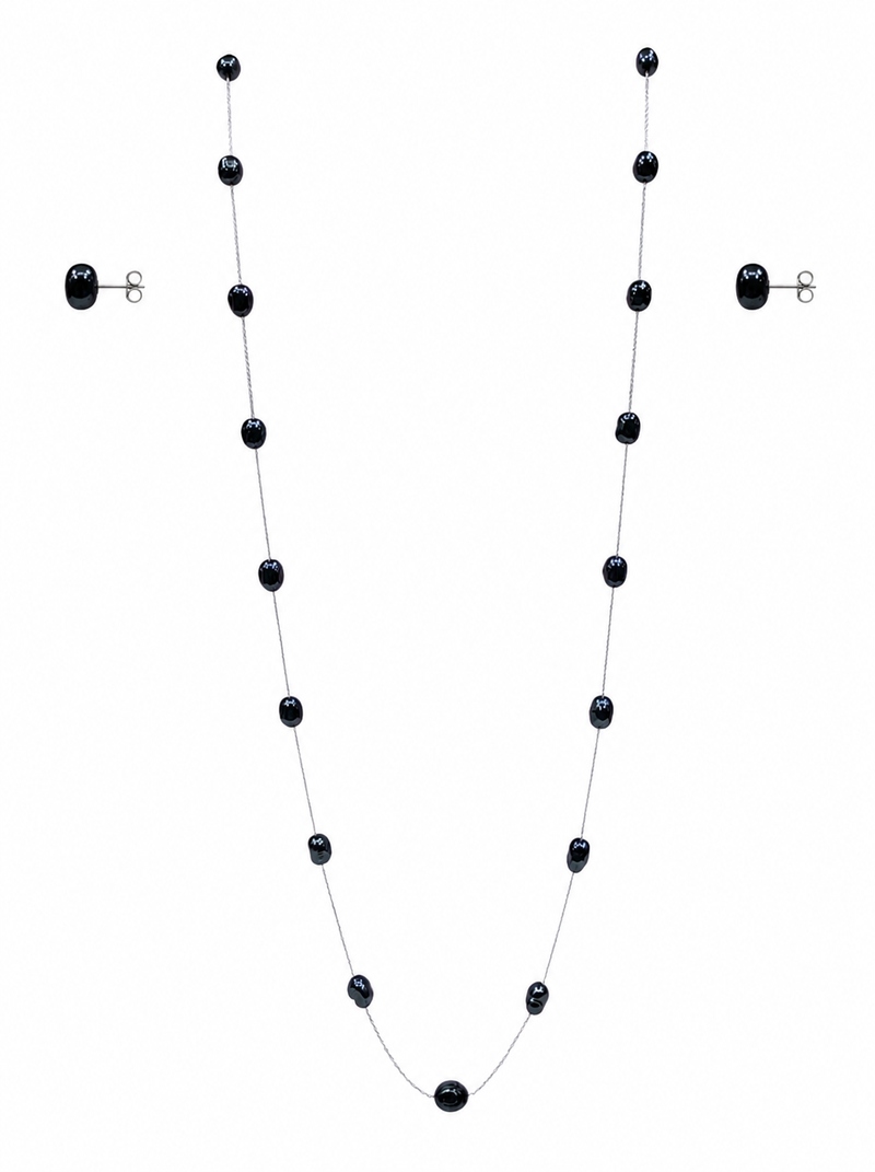 Black pearl station long necklace and stud earrings set, silver chain, women's jewellery