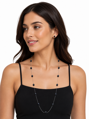 Black pearl station long necklace and stud earrings set, silver chain, women's jewellery 2