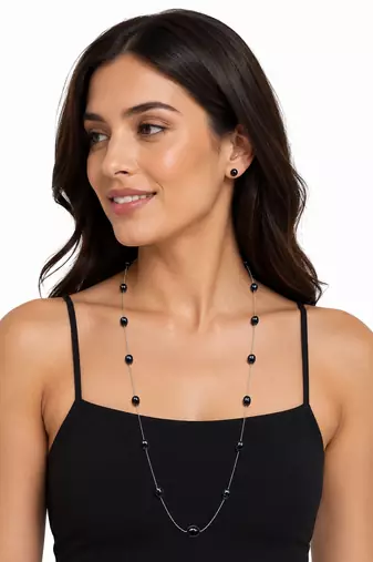 Black pearl station long necklace and stud earrings set, silver chain, women's jewellery