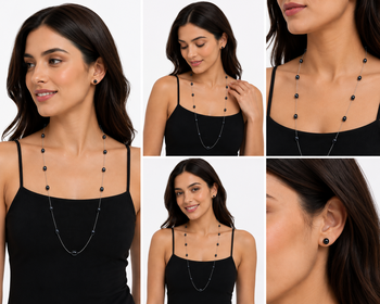 Black pearl station long necklace and stud earrings set, silver chain, women's jewellery 3
