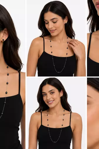 Black pearl station long necklace and stud earrings set, silver chain, women's jewellery