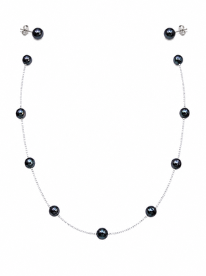 Black pearl station necklace and stud earrings set, silver chain, elegant jewellery 1
