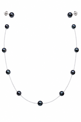 Black pearl station necklace and stud earrings set, silver chain, elegant jewellery