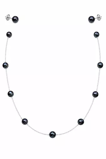 Black pearl station necklace and stud earrings set, silver chain, elegant jewellery