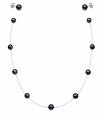 Black pearl station necklace and stud earrings set, silver chain, elegant jewellery