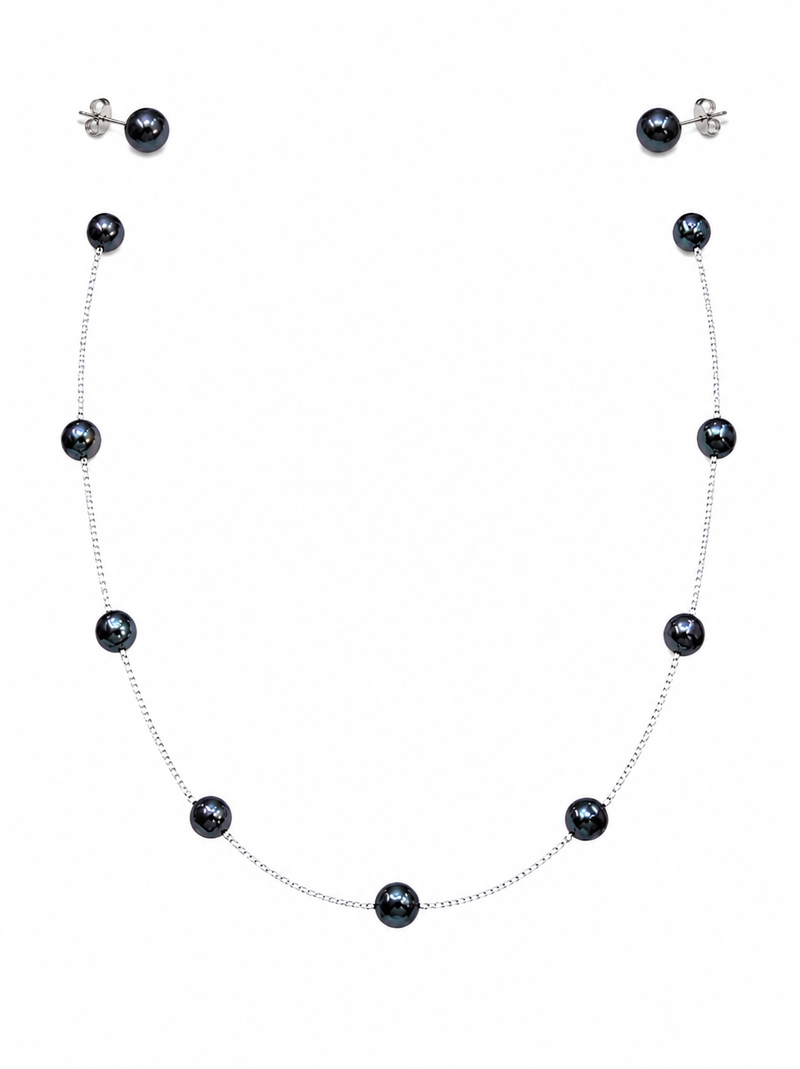 Black pearl station necklace and stud earrings set, silver chain, elegant jewellery