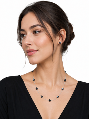 Black pearl station necklace and stud earrings set, silver chain, elegant jewellery 2