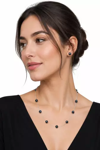 Black pearl station necklace and stud earrings set, silver chain, elegant jewellery