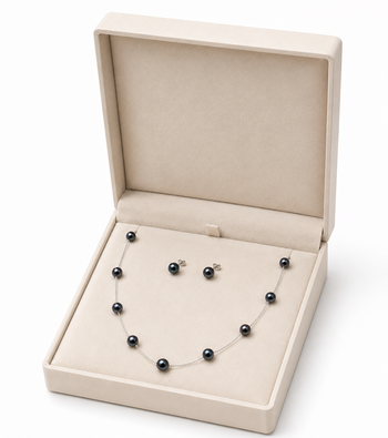 Black pearl station necklace and stud earrings set, silver chain, elegant jewellery 3