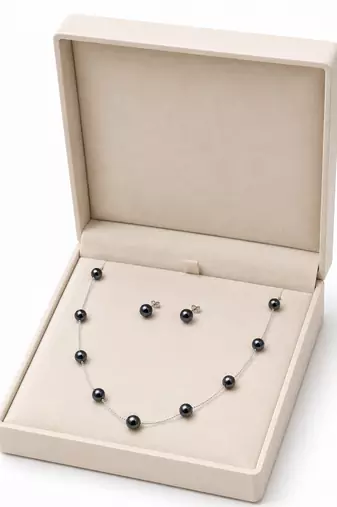 Black pearl station necklace and stud earrings set, silver chain, elegant jewellery