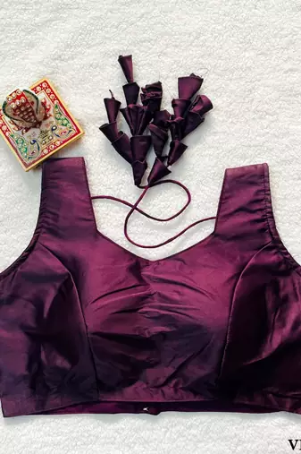 Wine satin blouse for women embroidery saree blouse