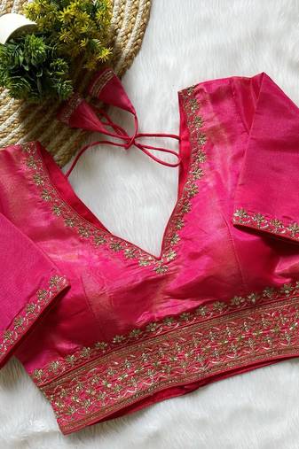 Pink tissue blouse for women thread saree blouse