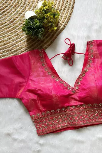 Pink tissue blouse for women thread saree blouse