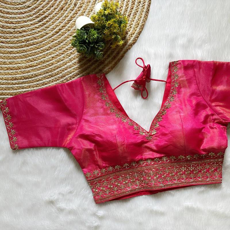 Pink tissue blouse for women thread saree blouse