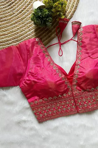 Pink tissue blouse for women thread saree blouse