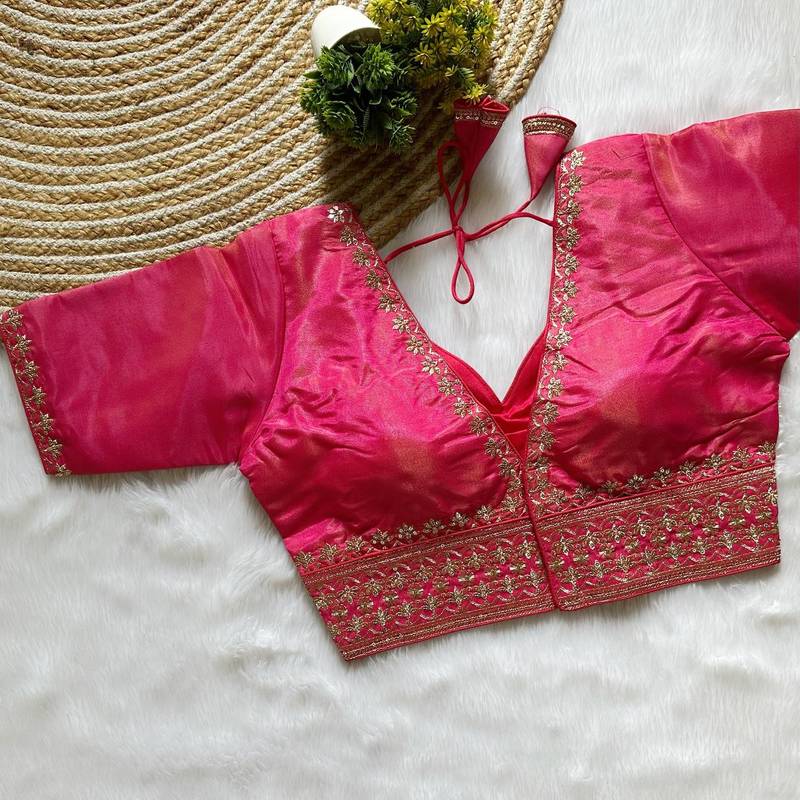 Pink tissue blouse for women thread saree blouse