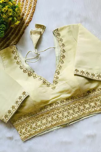 Beige tissue blouse for women printed saree blouse