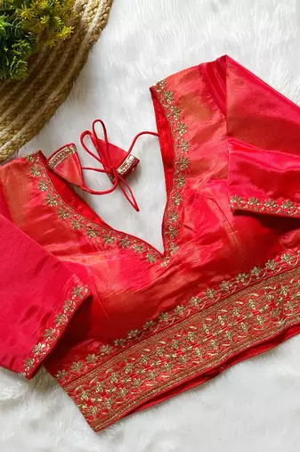 Red tissue blouse for women plain saree blouse