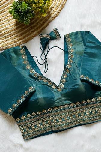 Teal tissue blouse for women embroidery saree blouse