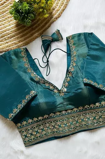 Teal tissue blouse for women embroidery saree blouse