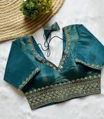 Teal tissue blouse for women embroidery saree blouse