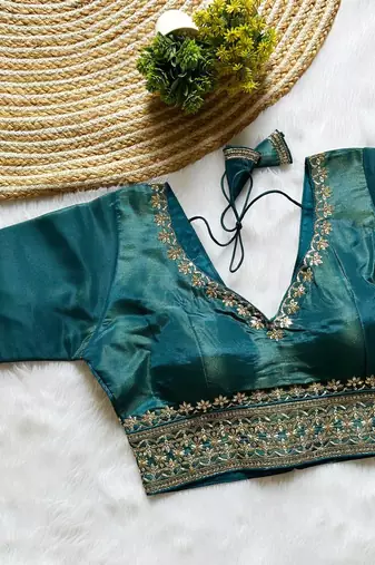 Teal tissue blouse for women embroidery saree blouse