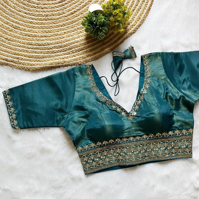 Teal tissue blouse for women embroidery saree blouse