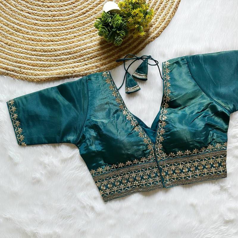 Teal tissue blouse for women embroidery saree blouse