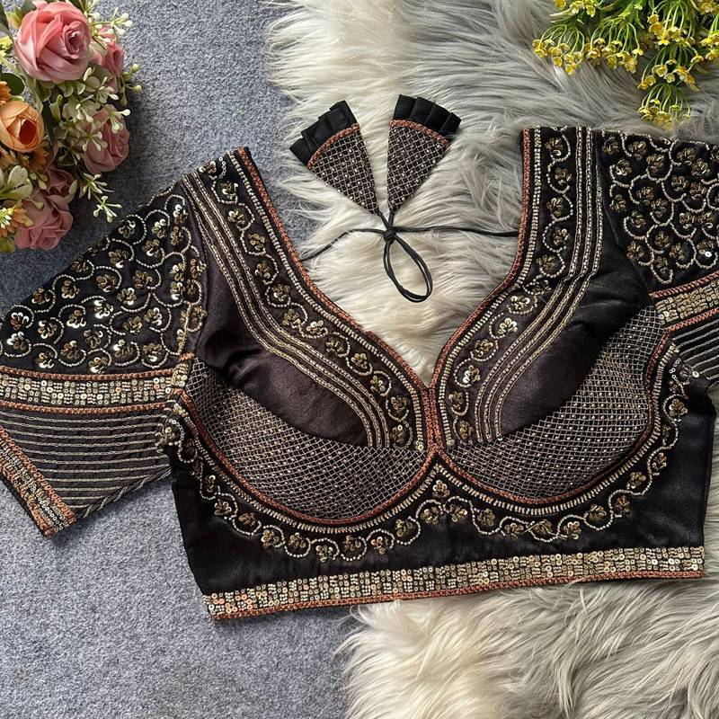 Black silk blouse for women embroidery saree blouse