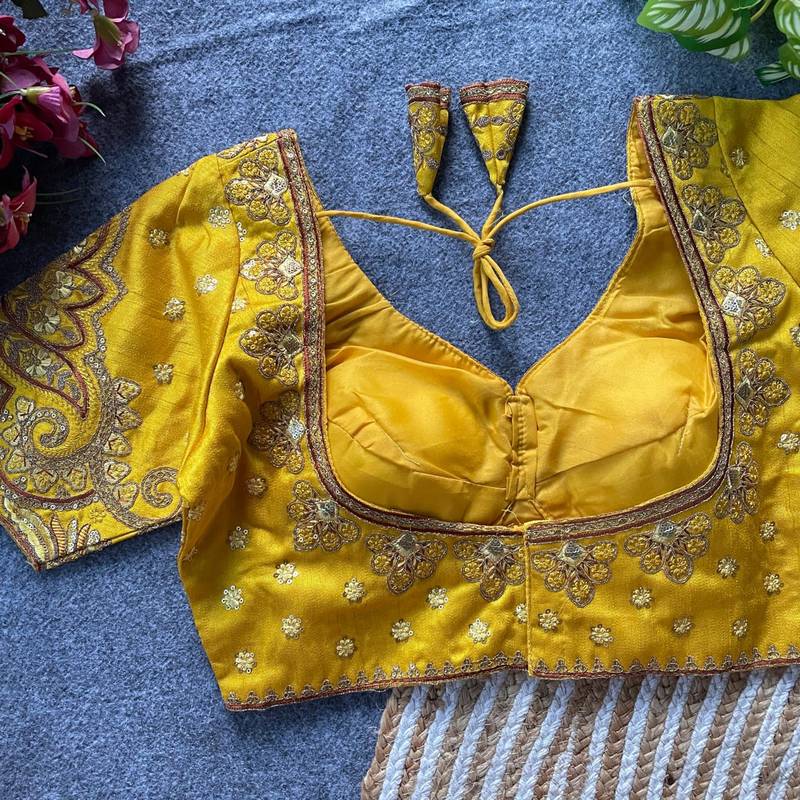 Yellow silk blouse for women thread saree blouse