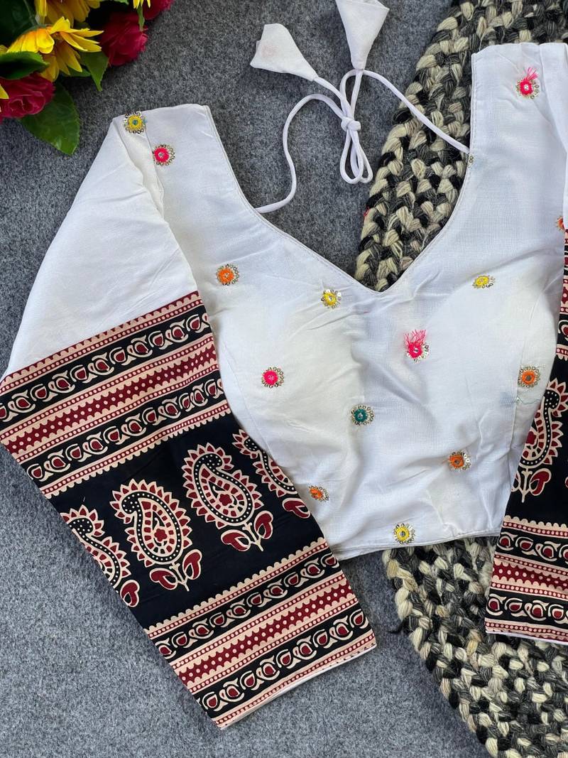 White cotton blouse for women embroidery saree blouse