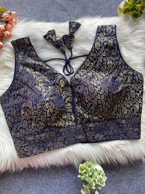 Navy blue silk blouse for women embroidery saree blouse 1