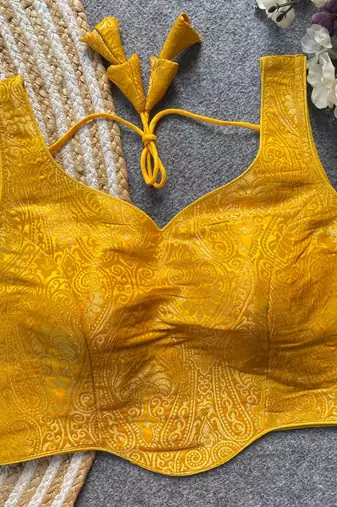 Yellow jacquard blouse for women traditional saree blouse