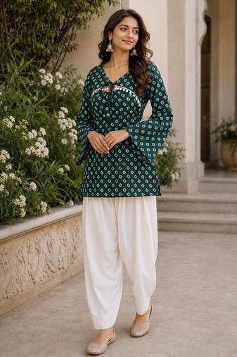 Green bandhej print cotton kurti set with farshi pant & bell sleeve jacket