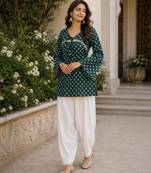 Green bandhej print cotton kurti set with farshi pant & bell sleeve jacket