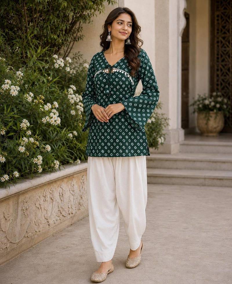 Green bandhej print cotton kurti set with farshi pant & bell sleeve jacket