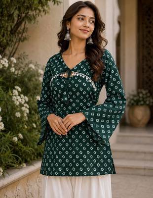 Green bandhej print cotton kurti set with farshi pant & bell sleeve jacket 2