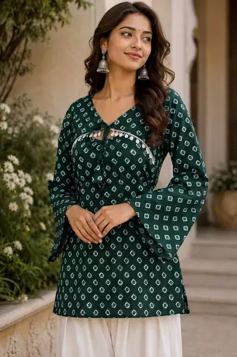 Green bandhej print cotton kurti set with farshi pant & bell sleeve jacket
