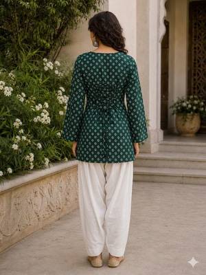 Green bandhej print cotton kurti set with farshi pant & bell sleeve jacket 3